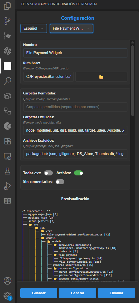 Vista de la extensión eDev Summary