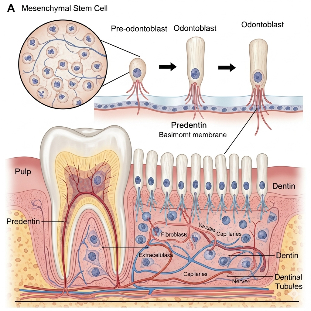 Esquema detallado de la dentinogénesis con odontoblastos y formación de predentina